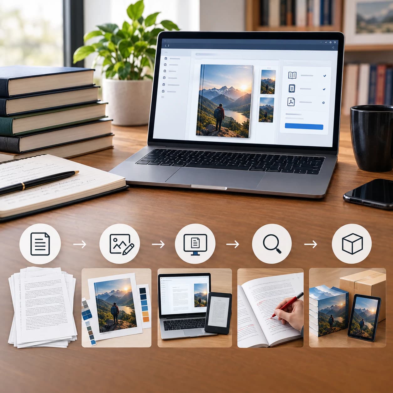 Laptop showing a book cover beside the publishing workflow