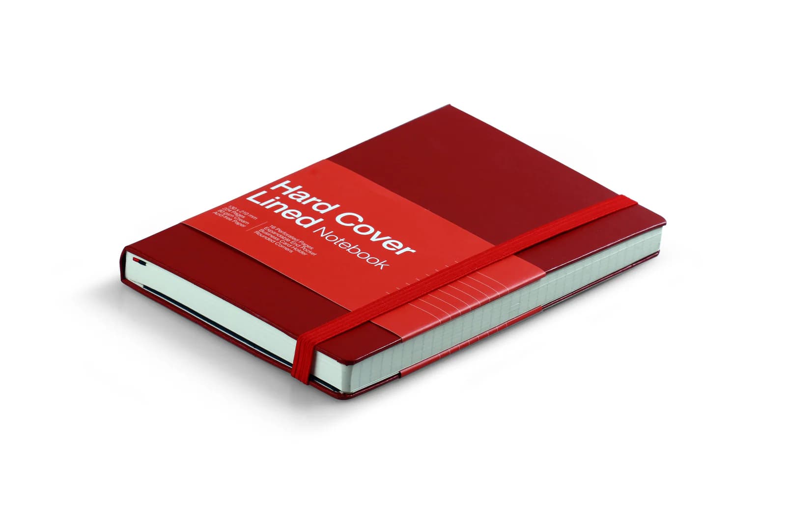 Red hardcover notebook with an elastic band