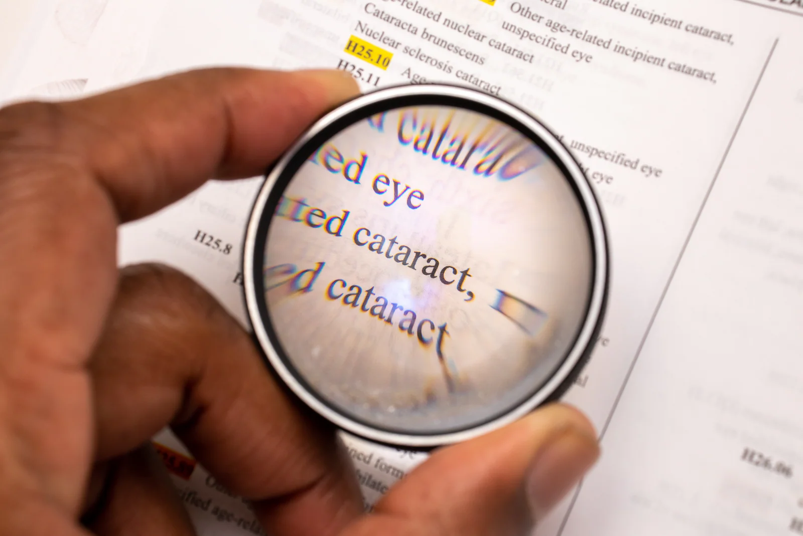 Hand holding a magnifying glass over printed text