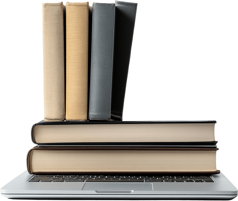 Stack of books resting on a laptop